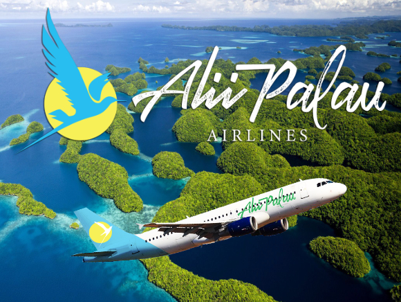 Infographic to Alii Palau Airlines showing an airplane over the Rock Islands of Palau and the logo of Alii Palau Airlines