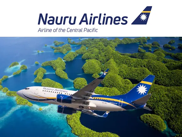 Infographic of an airplane from Nauru Airlines over the Rock Islands of Palau