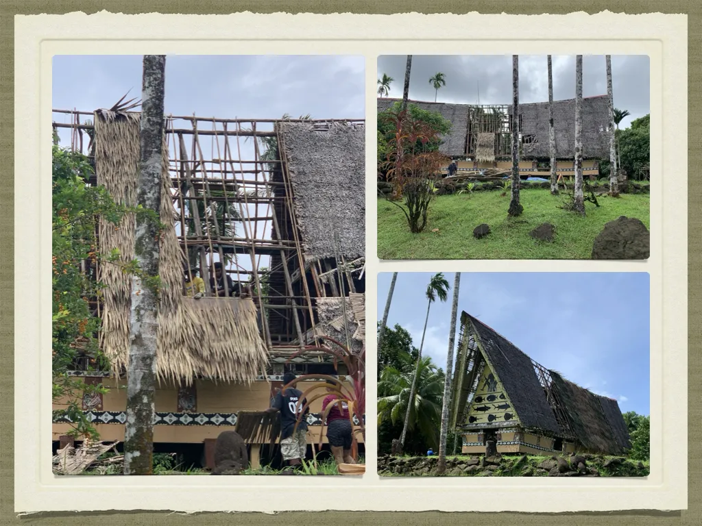 collage of 3 photos of showing the step by step renovation of the Bai Rekeai in Palau