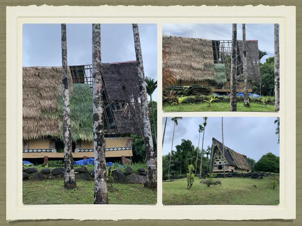 collage of 3 photos of showing the step by step renovation of the Bai Rekeai in Palau