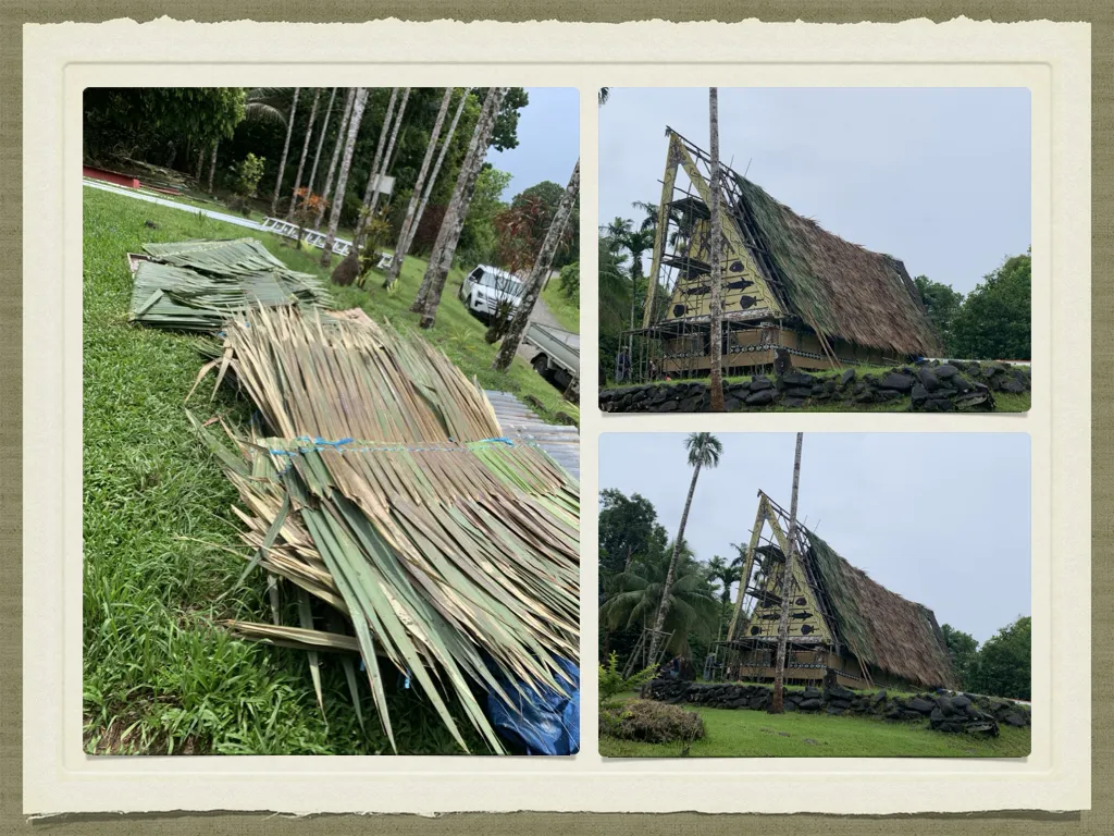 collage of 3 photos of showing the step by step renovation of the Bai Rekeai in Palau